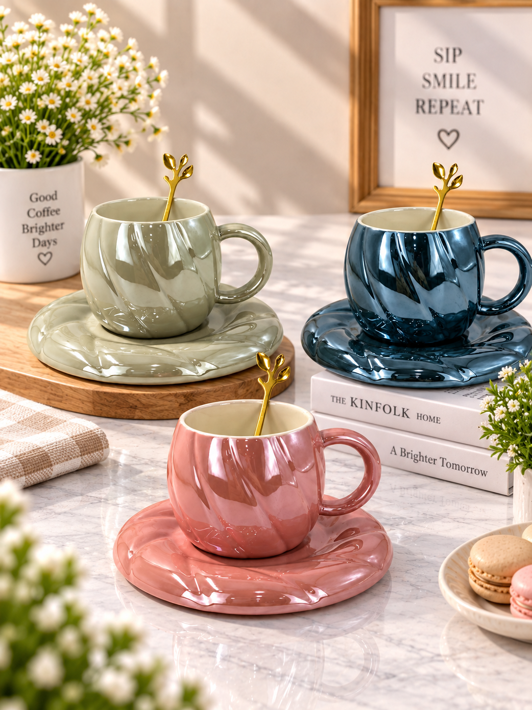 Ceramic swirl coffee cup & saucer set with spoon, pink/blue/beige